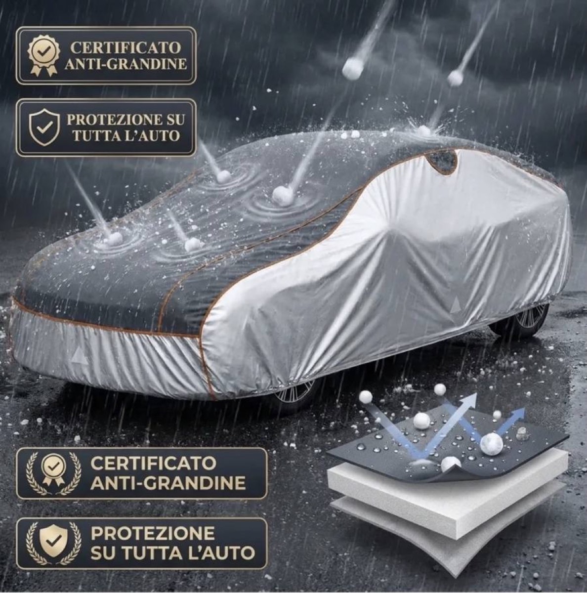 Telo copriauto certificato anti grandine sotto una grandinata, con lo schema degli strati protettivi
