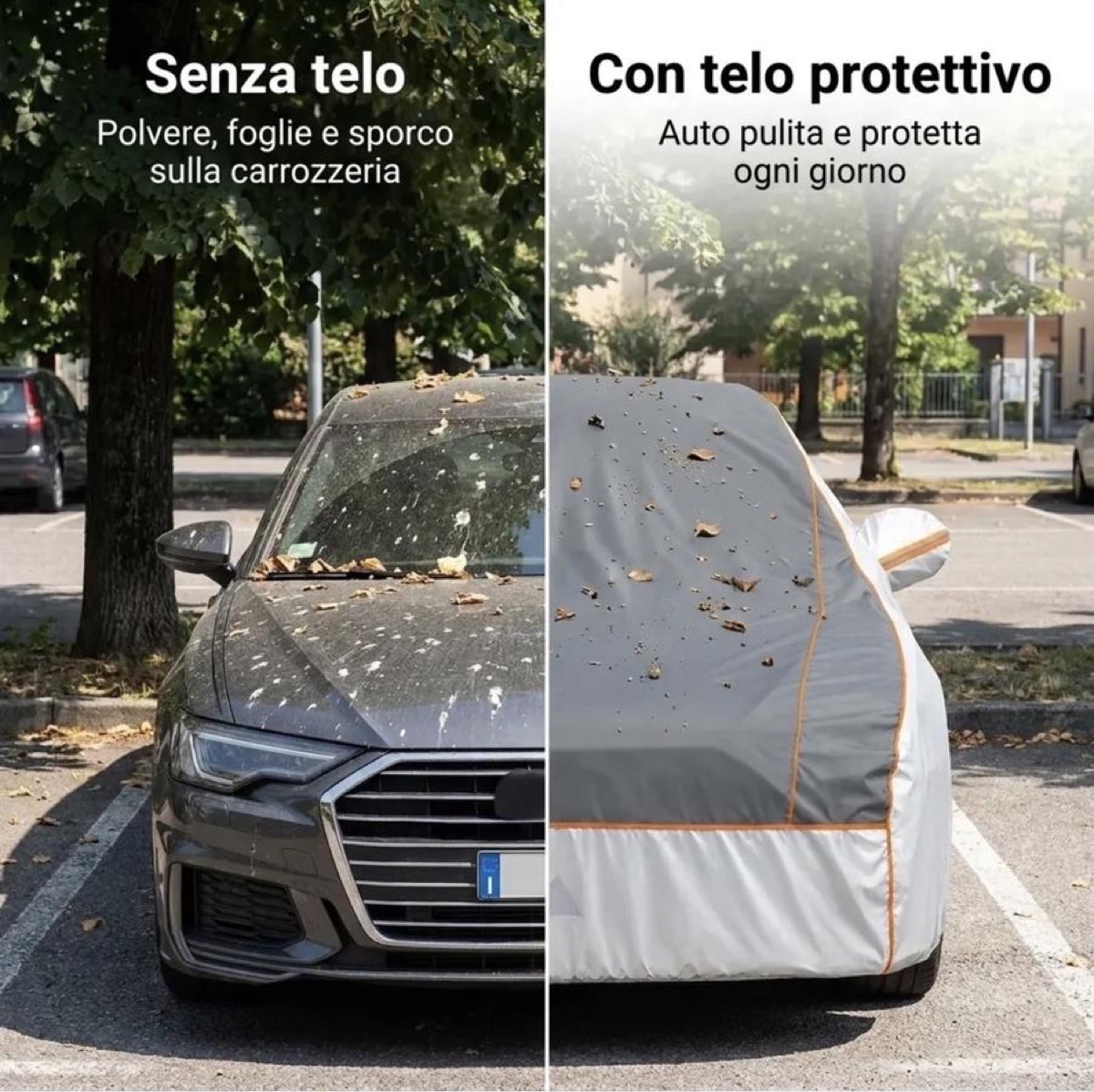 Confronto tra un'auto sporca senza telo e un'auto pulita protetta dal telo copriauto